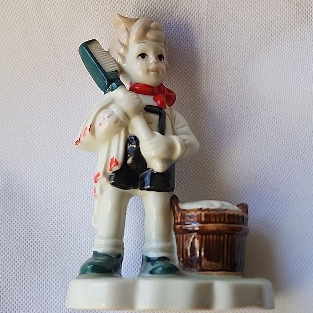 Vintage German Boy Porcelain Figurine Towel Brush Bucket Red Scarf